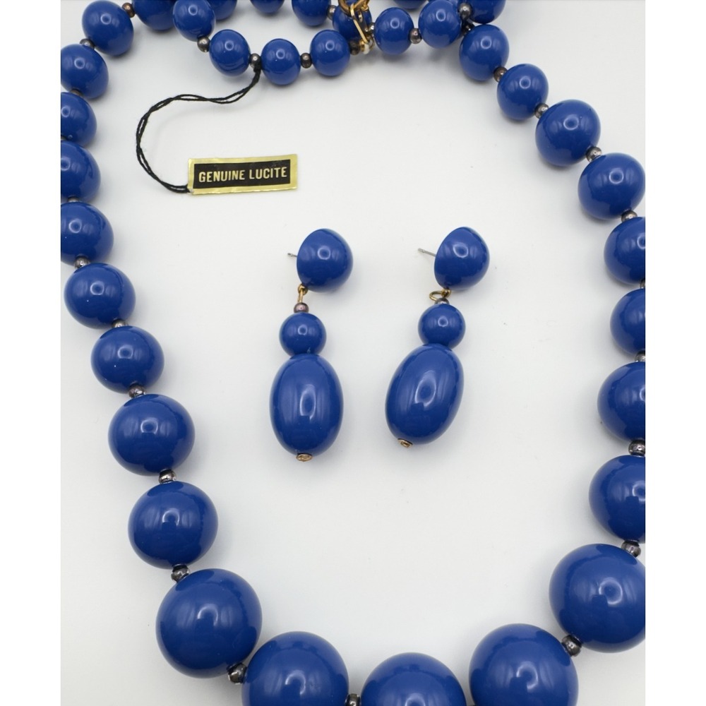 Vintage Beaded Necklace Earring Set Lucite Graduated Royal Blue